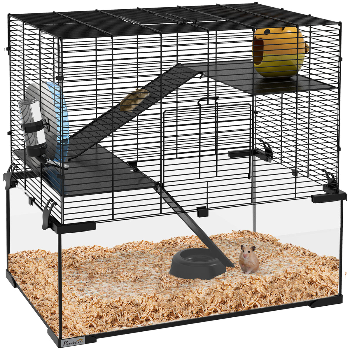 Gaiola para Hamster Gaiola para Roedores Pequenos com Fundo de Vidro Plataformas Comedouro Bebedouro Casa Rampas e Roda de Exercício 60x40x54,5 cm Preto — foto 1