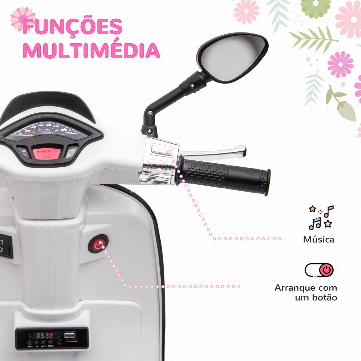 Moto Elétrica para Crianças de 3-6 Anos com Licença Vespa Motocicleta de Bateria 6V com USB MP3 Luz LED Rádio FM Moto para Crianças com Velocidade 3 km/h Carga 35 kg Branco — foto 5
