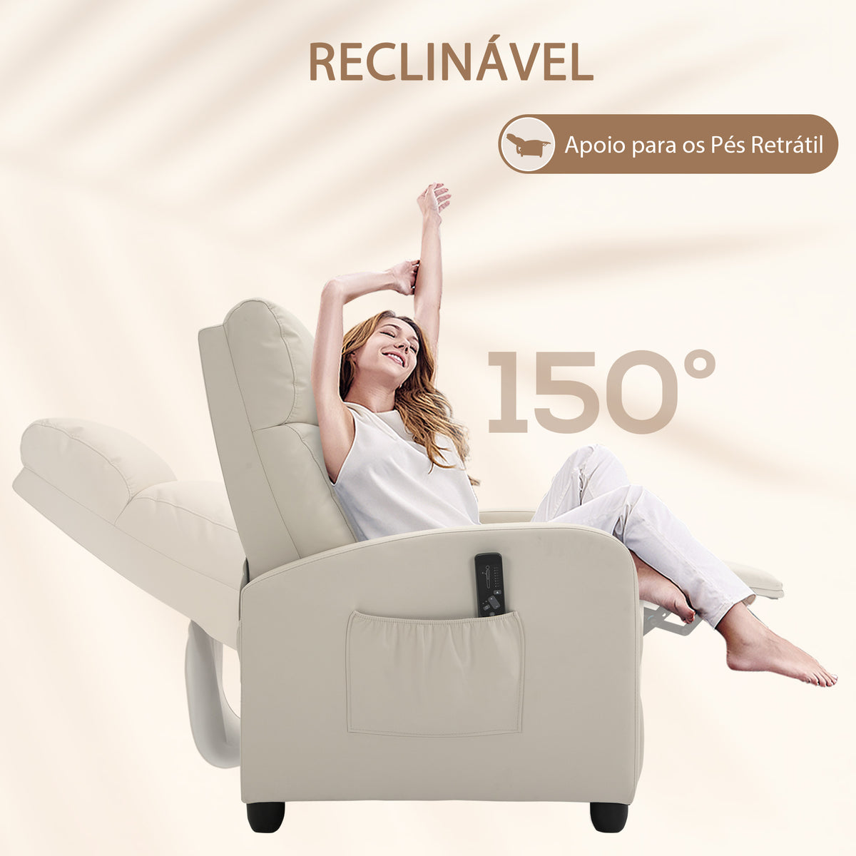 Poltrona de Massagem Poltrona Relax Reclinável com 2 Zonas de Massagem 8 Programas 5 Níveis de Intensidade e Controlo Remoto Estofada em PU 68x88x98 cm Creme — foto 5