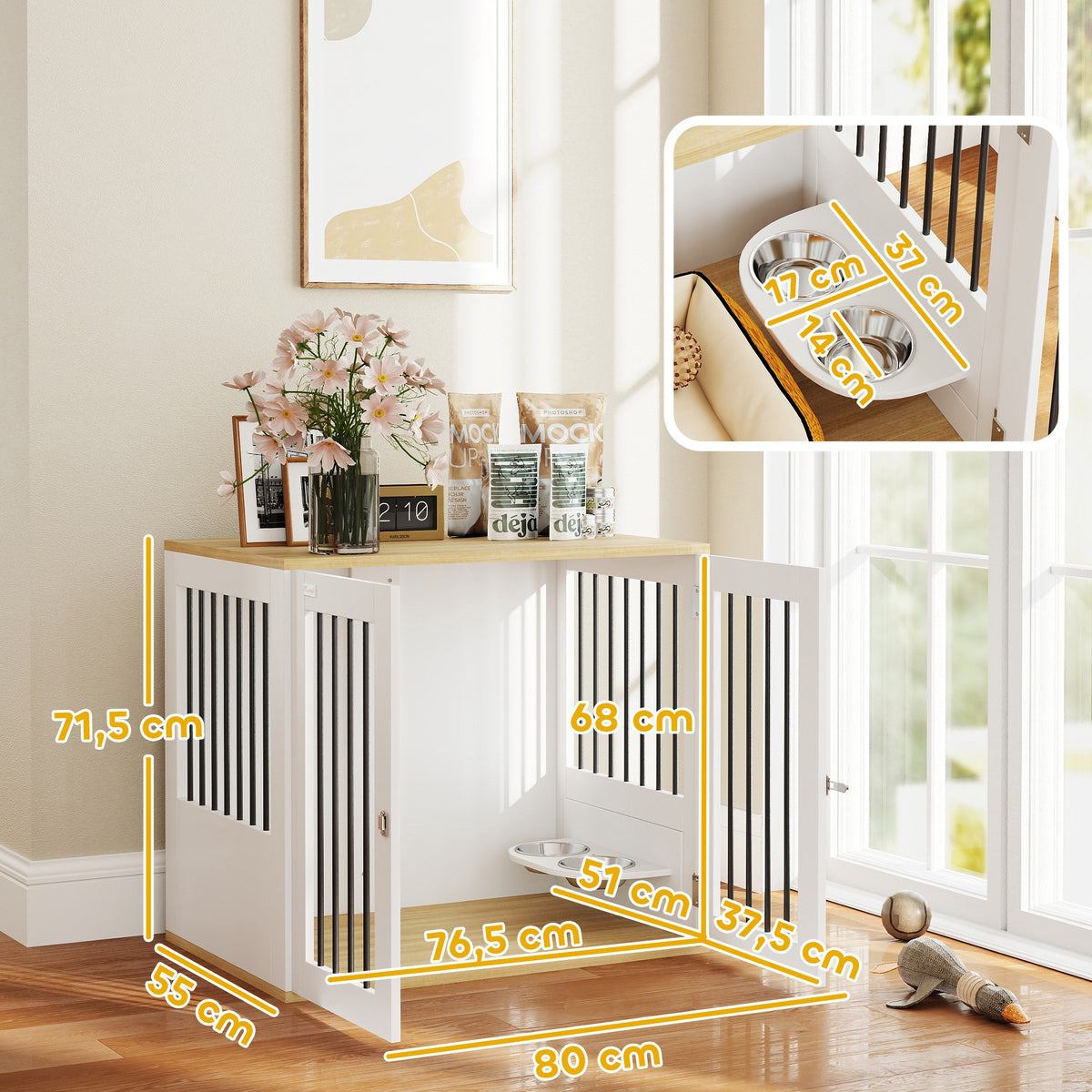 Gaiola para Cães Médios 2 em 1 Mesa Auxiliar com 2 Portas com Trava Comedouro Giratório de 360° 2 Tigelas e Almofadas Antiderrapantes 80x55x71,5 cm Branco — foto 3