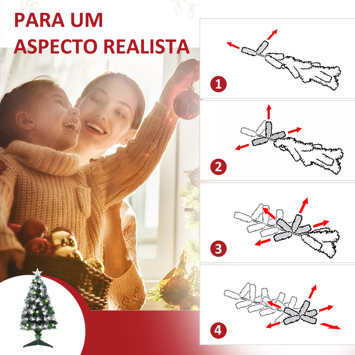 Árvore de Natal 90 cm Árvore de Natal com Fibra Óptica Árvore de Natal Artificial com 90 Luzes LED e 90 Ramos para Interior Verde e Branco — foto 5
