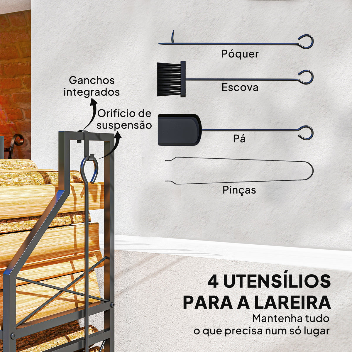 Suporte Metálico para Lenha 2 Níveis com 4 Ferramentas Ganchos e Base Elevada para Interior e Exterior 34x30x80 cm Preto — foto 5