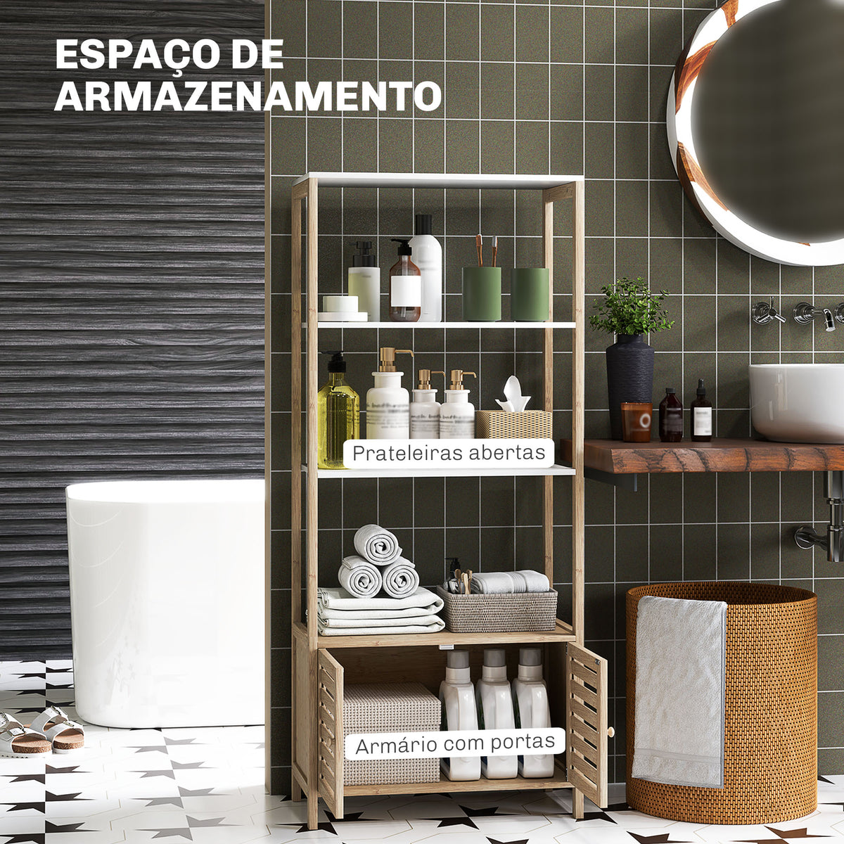 Estante para Casa de Banho de Bambu com 3 Prateleiras Abertas Estante de Arrumação Casa de Banho com Portas Ripadas 63x30x138 cm Madeira e Branco — foto 4