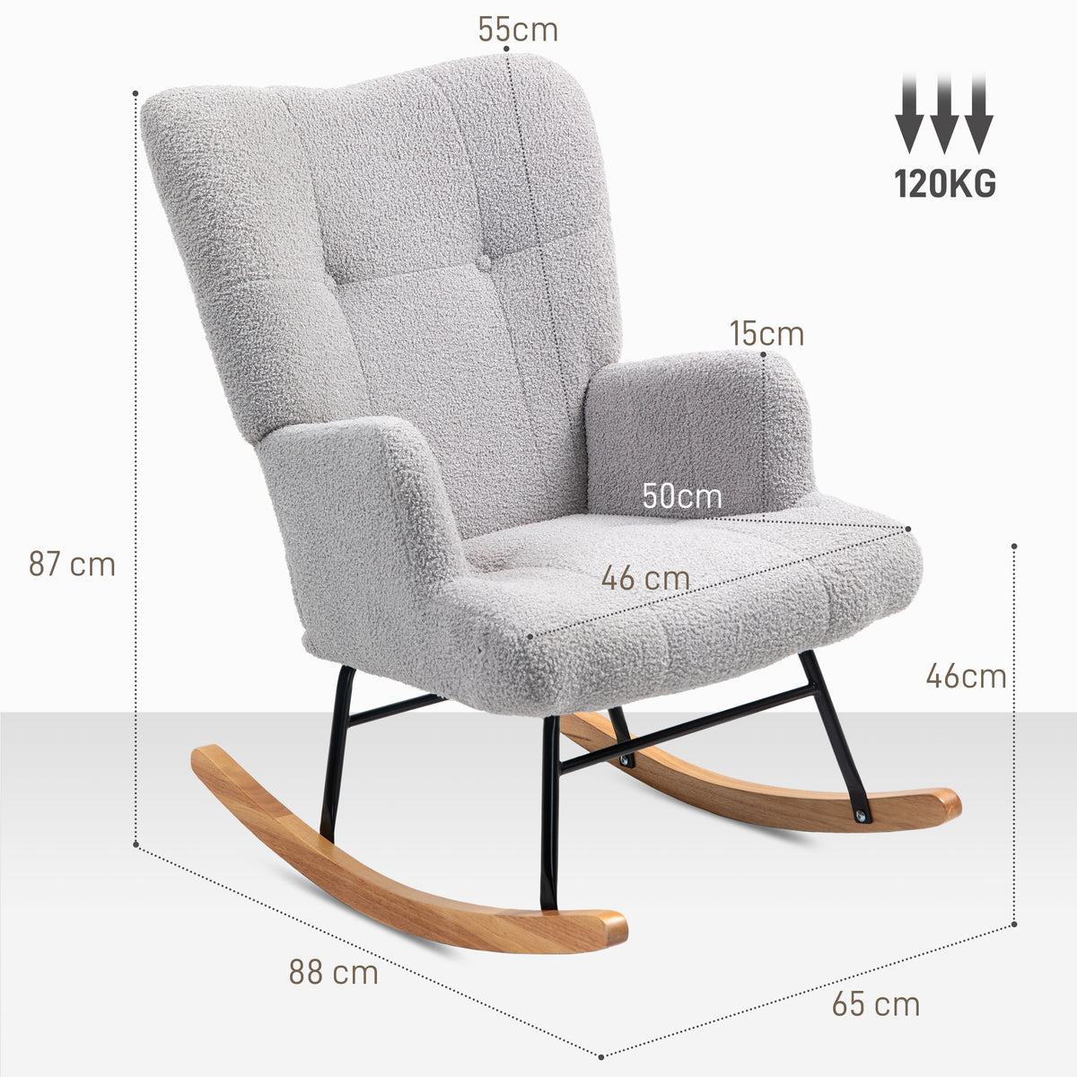Poltrona Baloiço em Borrego Poltrona para Amamentação com Encosto Capitonê e Base de Madeira de Borracha Carga 120 kg Poltrona para Sala de Estar Dormitório 65x88x87 cm Cinza Claro — foto 3