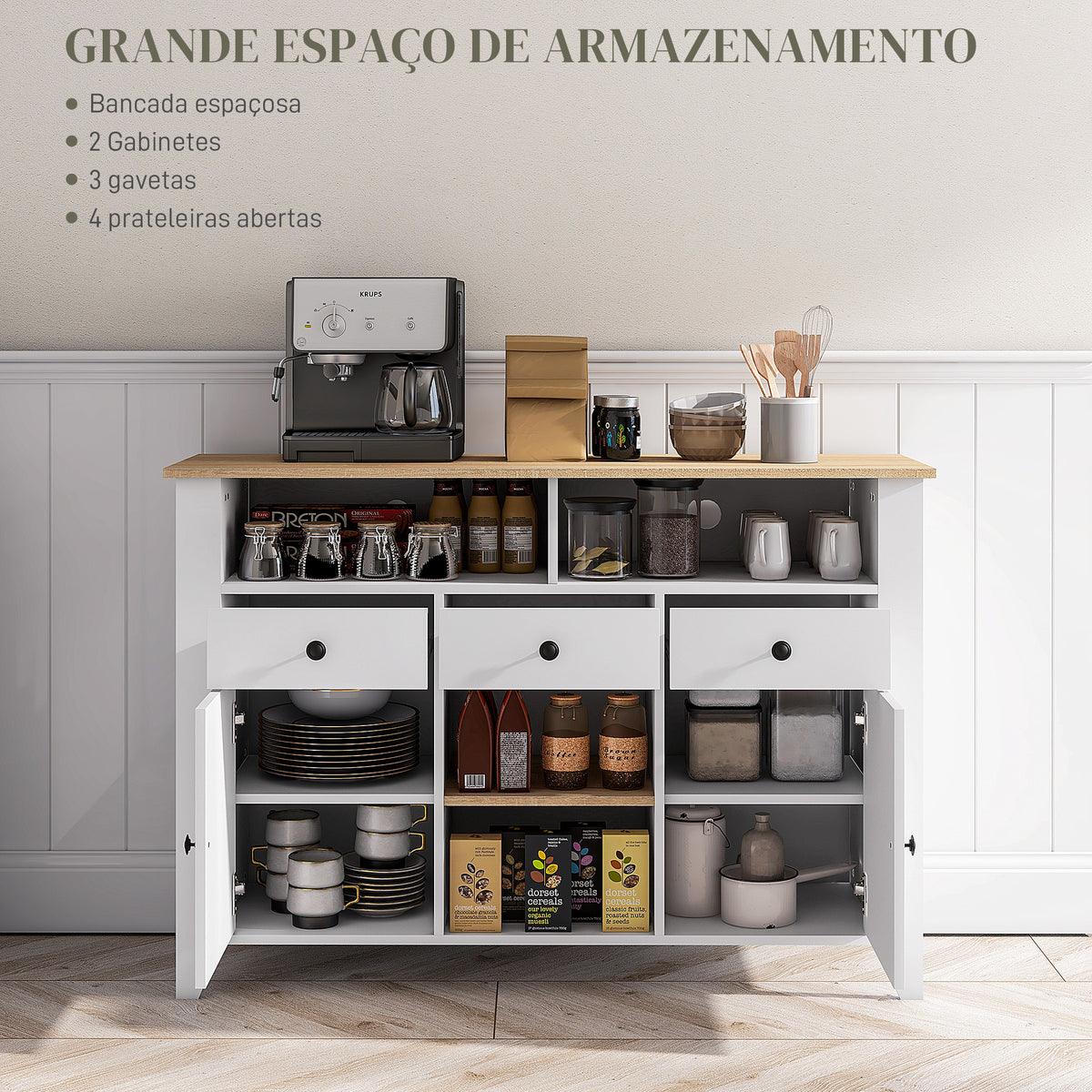 Aparador de Cozinha Mesa para Televisores de 50 Polegadas com 3 Gavetas 2 Armários 2 Prateleiras Abertas e 2 Prateleiras Ajustáveis Estilo Moderno 120x38x81,5 cm Branco — foto 4