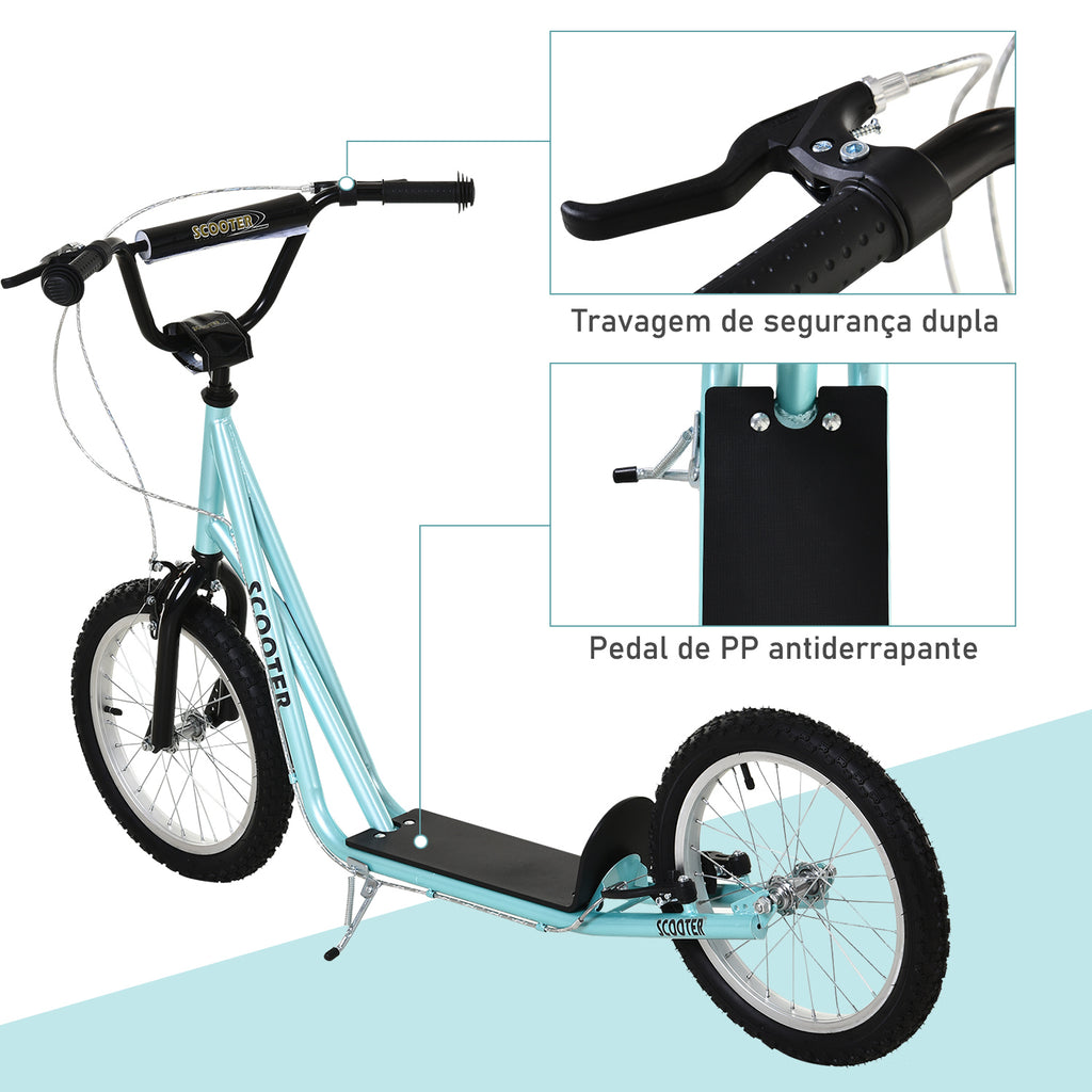 Trotinete para Crianças acima de 5 Anos e Adolescentes com Guiador Ajustável em Altura 2 Pneus de Borracha Insufláveis com Travagem Dupla e Rodas 16" Carga 100 kg 139x58x90-96 cm Azul — foto 7
