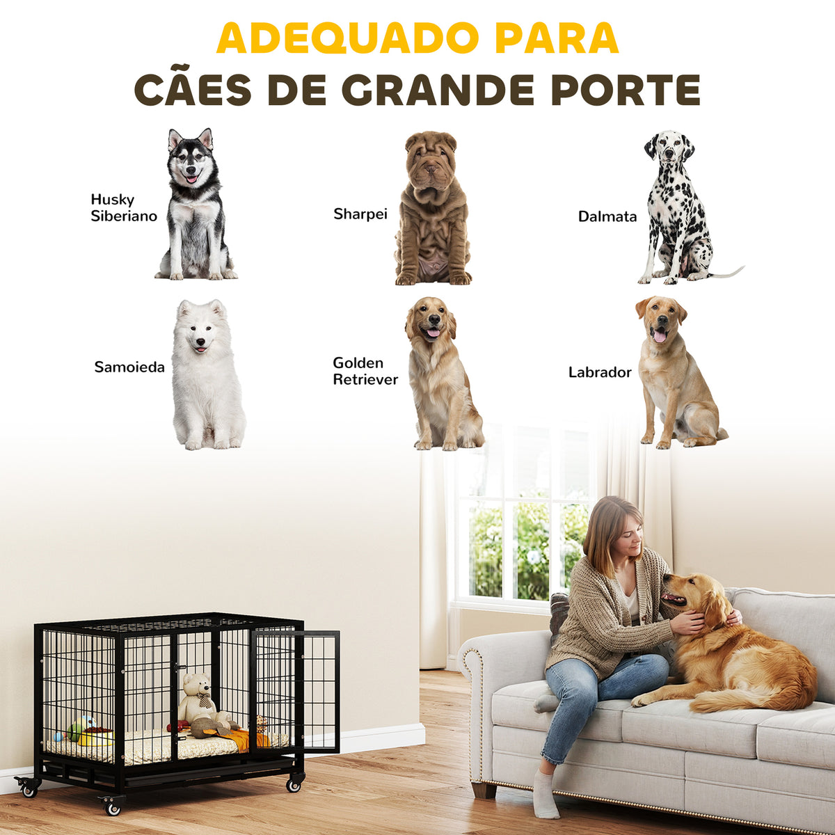 Gaiola de Metal para Cães com Rodas e Freios Bandeja Removível e Porta com Trava para Golden Retriver Labrador 92x62x75cm Preto — foto 7