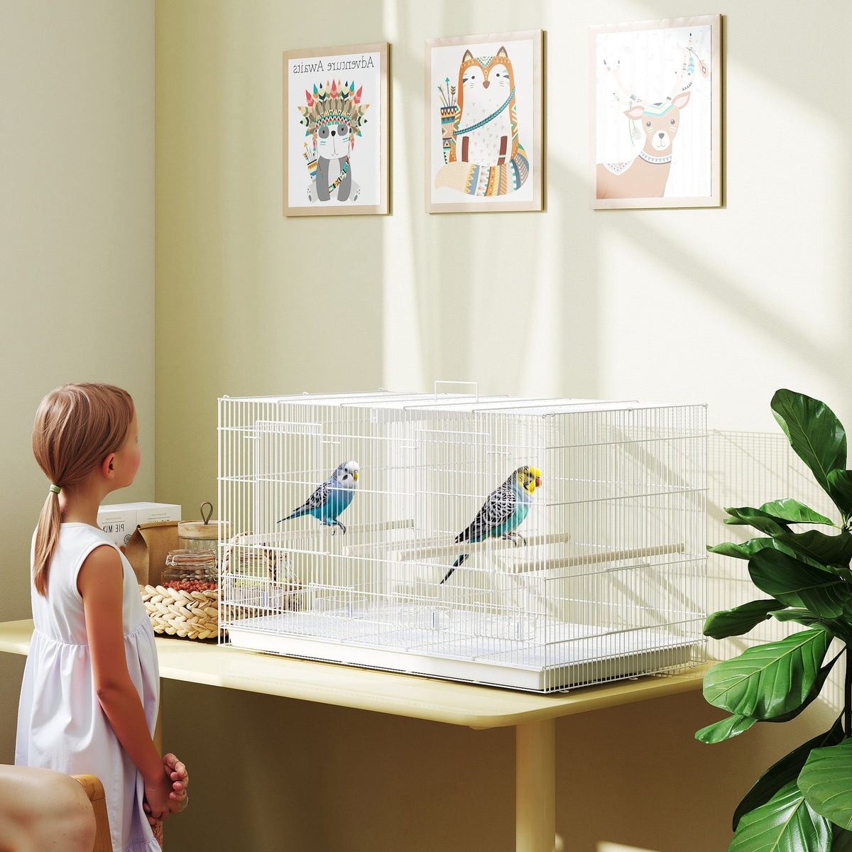 Gaiola para Pássaros com Divisória Gaiola para Aves com 4 Comedouros 4 Poleiros e Bandeja Amovível Gaiola para Canários Periquitos 76x46x46 cm Branco — foto 2
