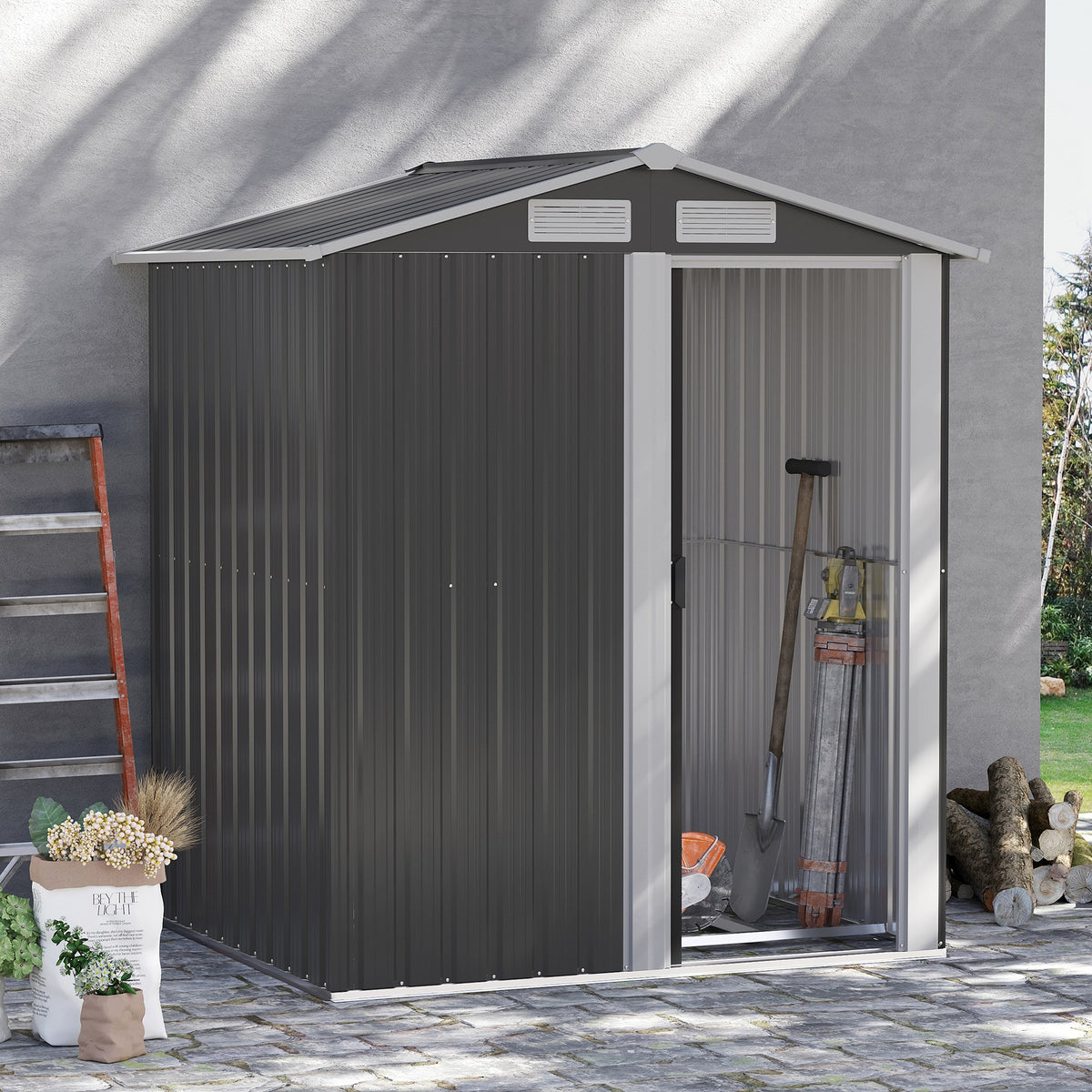 Abrigo de Jardim de 2m² 152x132x188cm Abrigo de Exterior de Aço Galvanizado com Porta Corredeira e Ventilações para Armazenamento de Ferramentas Cinza — foto 2