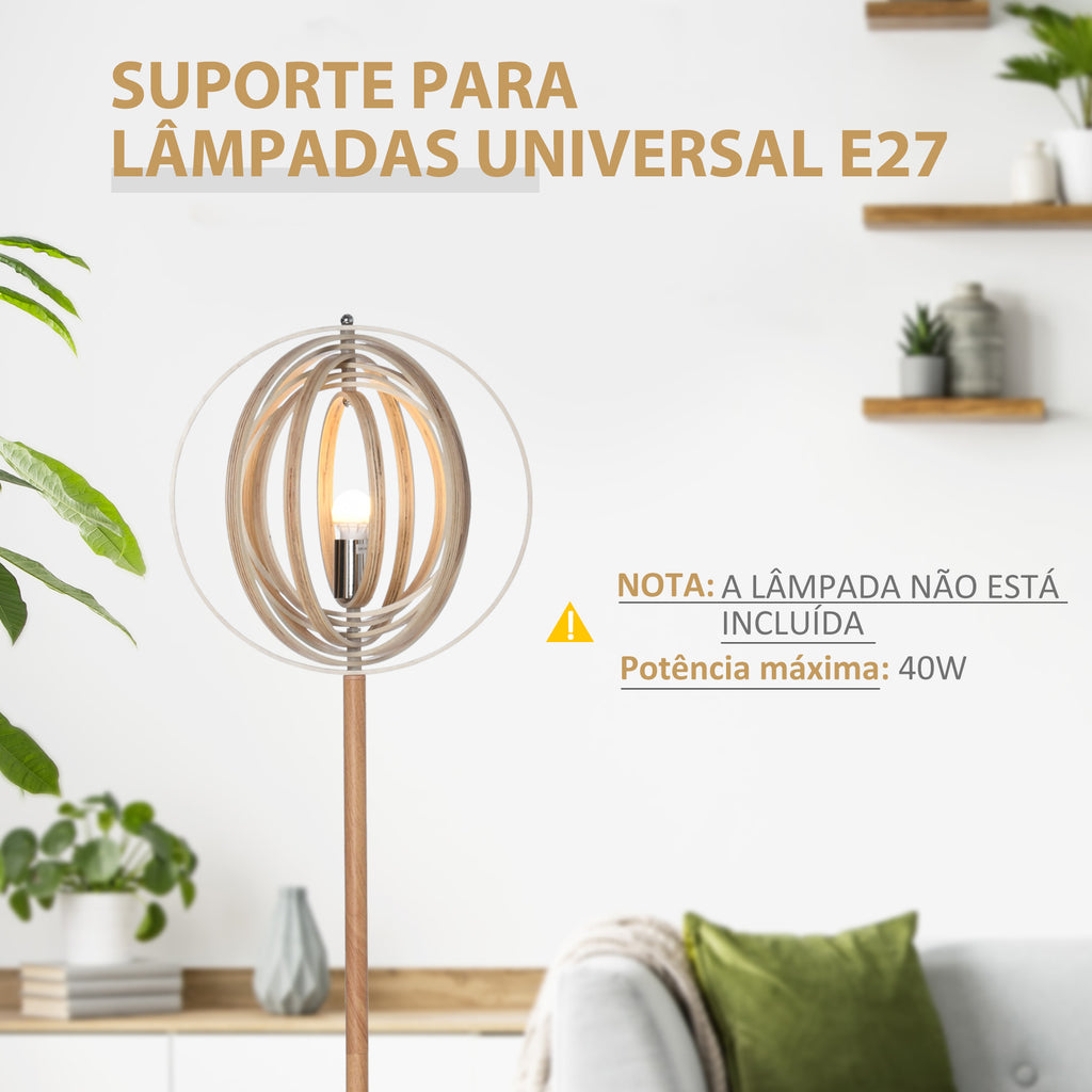 Candeeiro de Pé com Ecrã Giratório de 360° Interruptor de Pé LED E27 Máx. 40W Base de Madeira Candeeiro de Pé para Sala de Estar Dormitório Estúdio 38x38x160cm Natural — foto 4