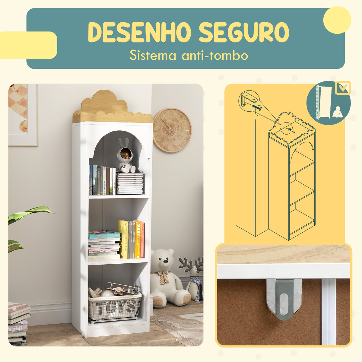 Estante para Livros Infantil Estante para Livros de 3 Niveis Estante de Livros para Escola Infantil Dormitório 40x30x139,5 cm Branco e Madeira — foto 4