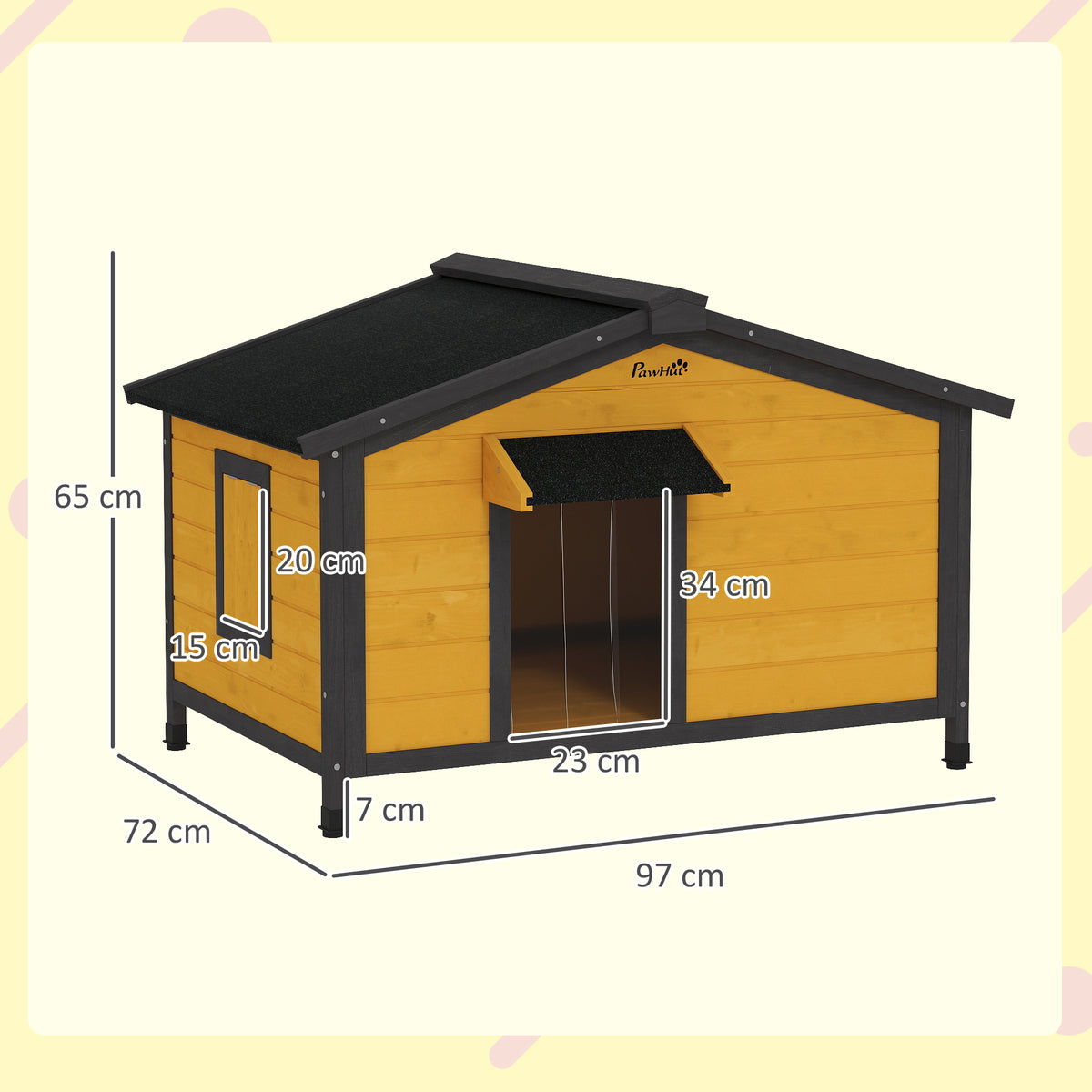 Casa para Cães de Madeira 97x72x65 cm Casa para Animais de Estimação com Teto Asfáltico 2 Janelas Porta com Cortina e Base Amovível Madeira — foto 3