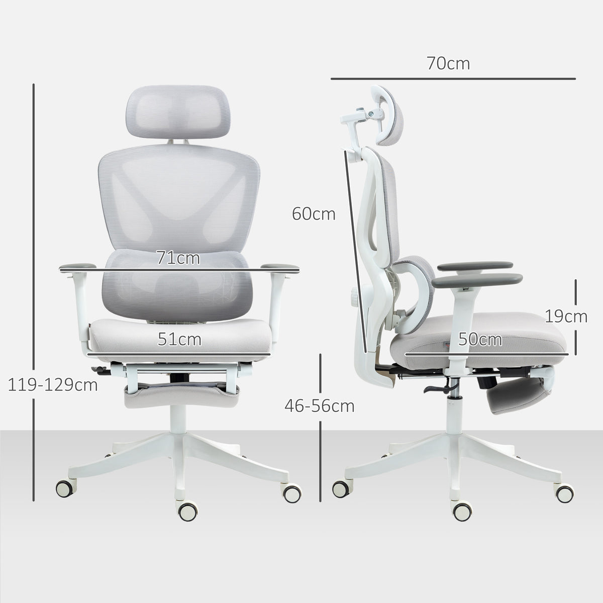 Cadeira de Escritório de Malha Reclinável com Apoio para a Cabeça Ajustável Suporte Lombar Apoio para os Pés Apoios para os Braços e Altura Regulável Suporta até 135 kg 71x70x109-119 cm Cinza — foto 3