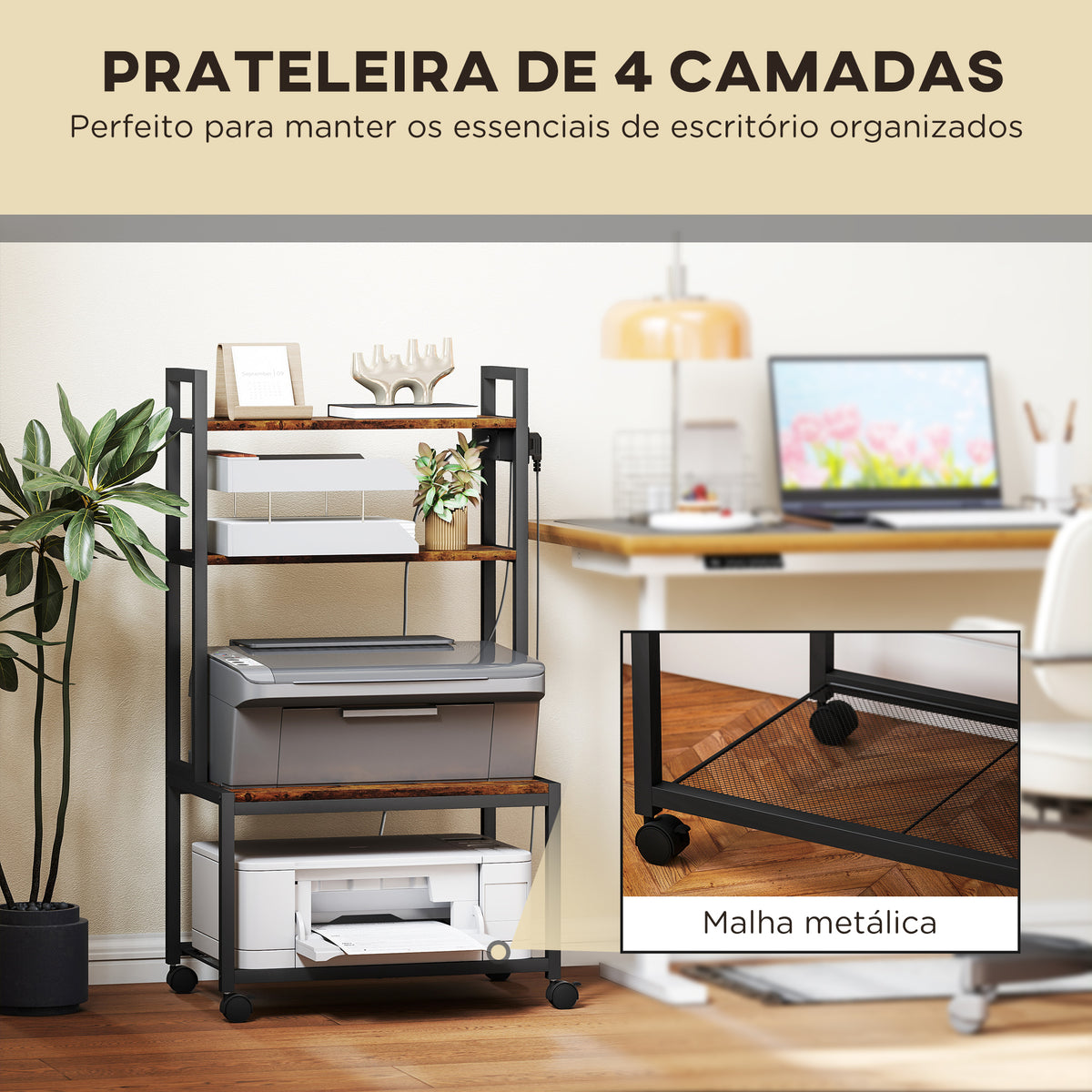 Suporte para Impressora com Estação de Carregamento Móvel para Impressora de 4 Níveis com Rodas e Estrutura Metálica para Escritório Casa 55x37,5x100 cm Castanho Rústico — foto 5