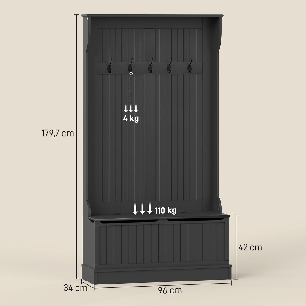 Móvel Cabide de Entrada com Banco Armário de Entrada com Cabide 5 Ganchos e Espaço de Armazenamento 96x34x179,7 cm Preto — foto 3