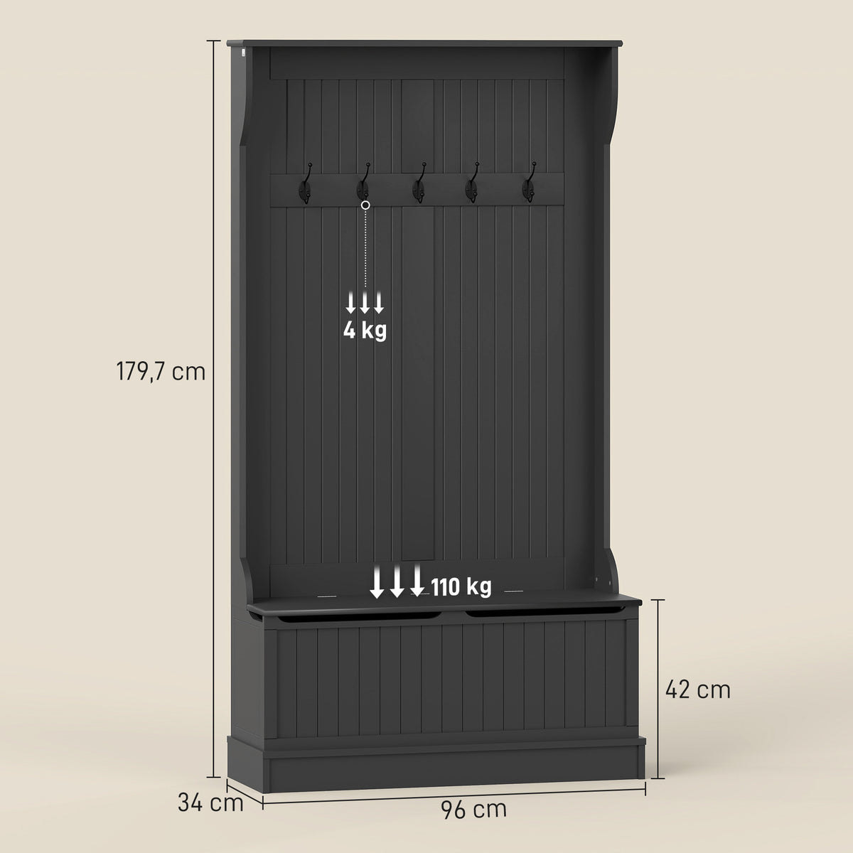 Móvel Cabide de Entrada com Banco Armário de Entrada com Cabide 5 Ganchos e Espaço de Armazenamento 96x34x179,7 cm Preto — foto 3