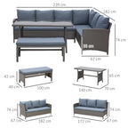 Conjunto de 4 Peças de Móveis e Vime com Almofadas Acolchoadas para Jardim Balcão Conjunto de Móveis de Exterior com 2 Sofás 1 Banco e 1 Mesa de Vidro Temperado Cinza — foto 3