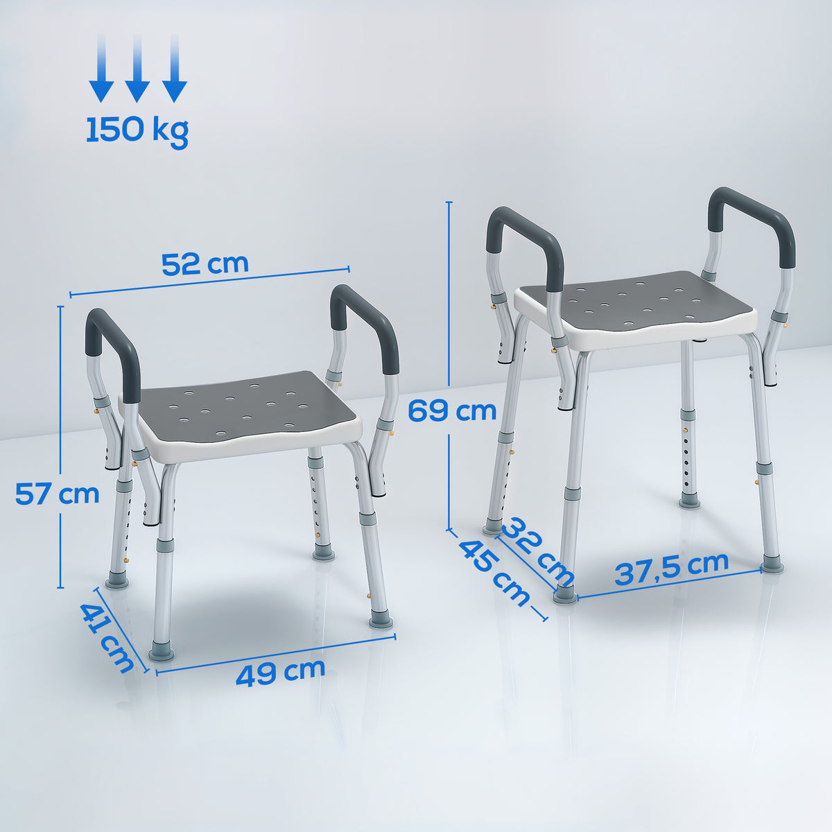 Banco de Duche Cadeira de Duche para Pessoas Idosas com Altura Ajustável Cadeira de Duche de Alumínio Antiderrapante Carga 150 kg para Idosos e Descapacitados 52x45x57-69 cm Cinza — foto 3