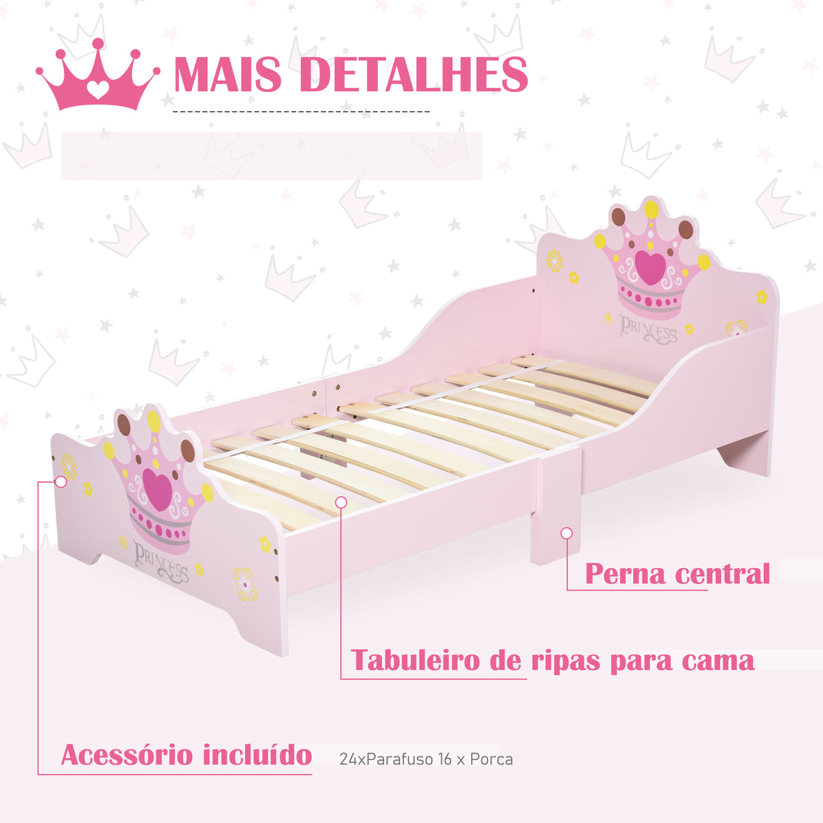 Cama de Criança +3 anos 143x73x60 cm Cama de Criança em Madeira com Estampado de Coroa Carga 50 kg para Quarto Rosa — foto 4