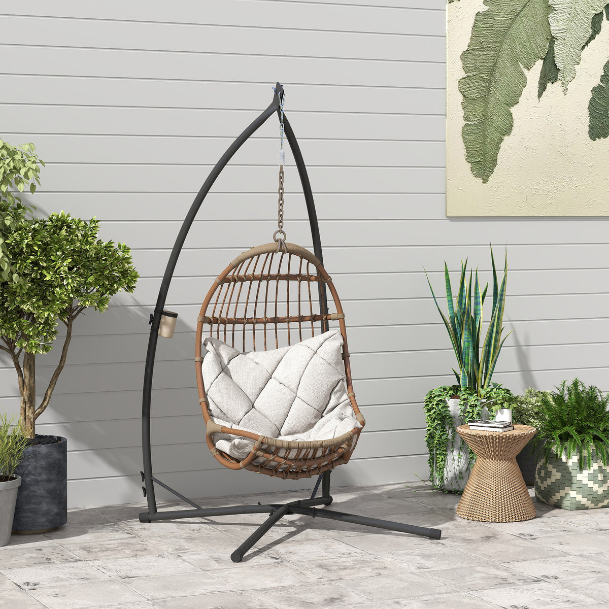 Suporte para Cadeira Suspensa Altura 215 cm com Estrutura de Aço Base Estável e Suporte para Copos Suporte para Cadeira de Baloiço para Pátio Jardim Varanda Carga 150 kg 105x105x215 cm Preto — foto 2