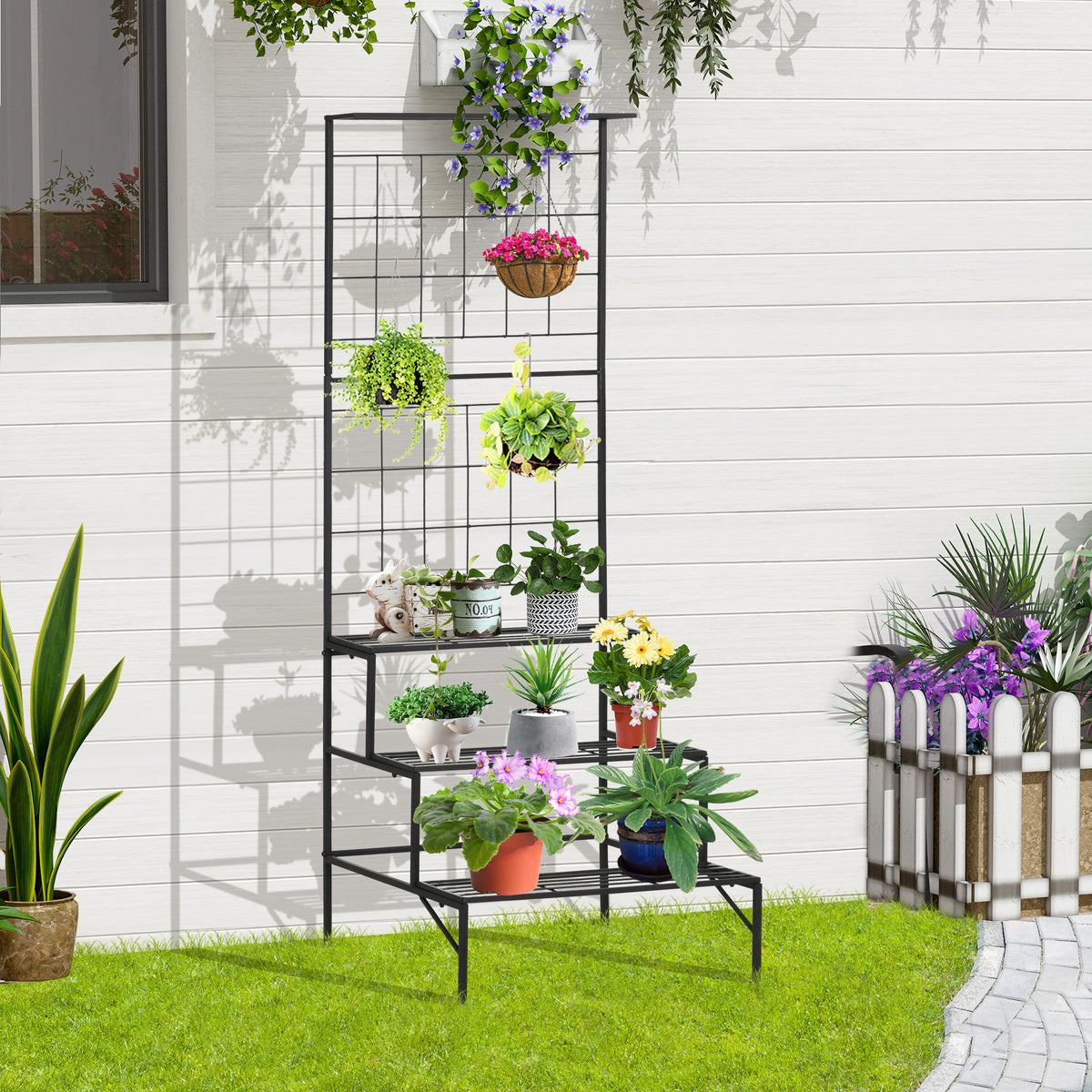 Suporte para Plantas com Treliça de Metal Suporte para Vasos Plantas Trepadeiras com 3 Prateleiras para Terraço Balcão Jardim Exterior e Interior 60x53,5x159,5cm Preto — foto 2