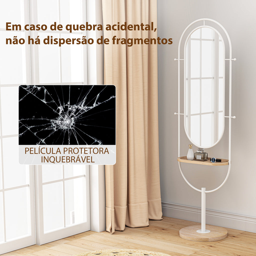 Espelho de Pé 50x175,5 cm Espelho de Corpo Inteiro com Bandeja de Madeira 4 Ganchos e Estrutura de Metal para Sala de Estar Quarto 50x40x175,5 cm Branco — foto 7