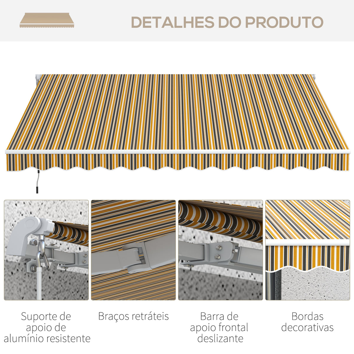 Toldo Manual Retrátil 350x250 cm Toldo para Varanda com Manivela de Metal Impermeável e Anti-UV Toldo Enrolável de Exterior para Jardim Terraço Janelas Cinza e Amarelo — foto 7