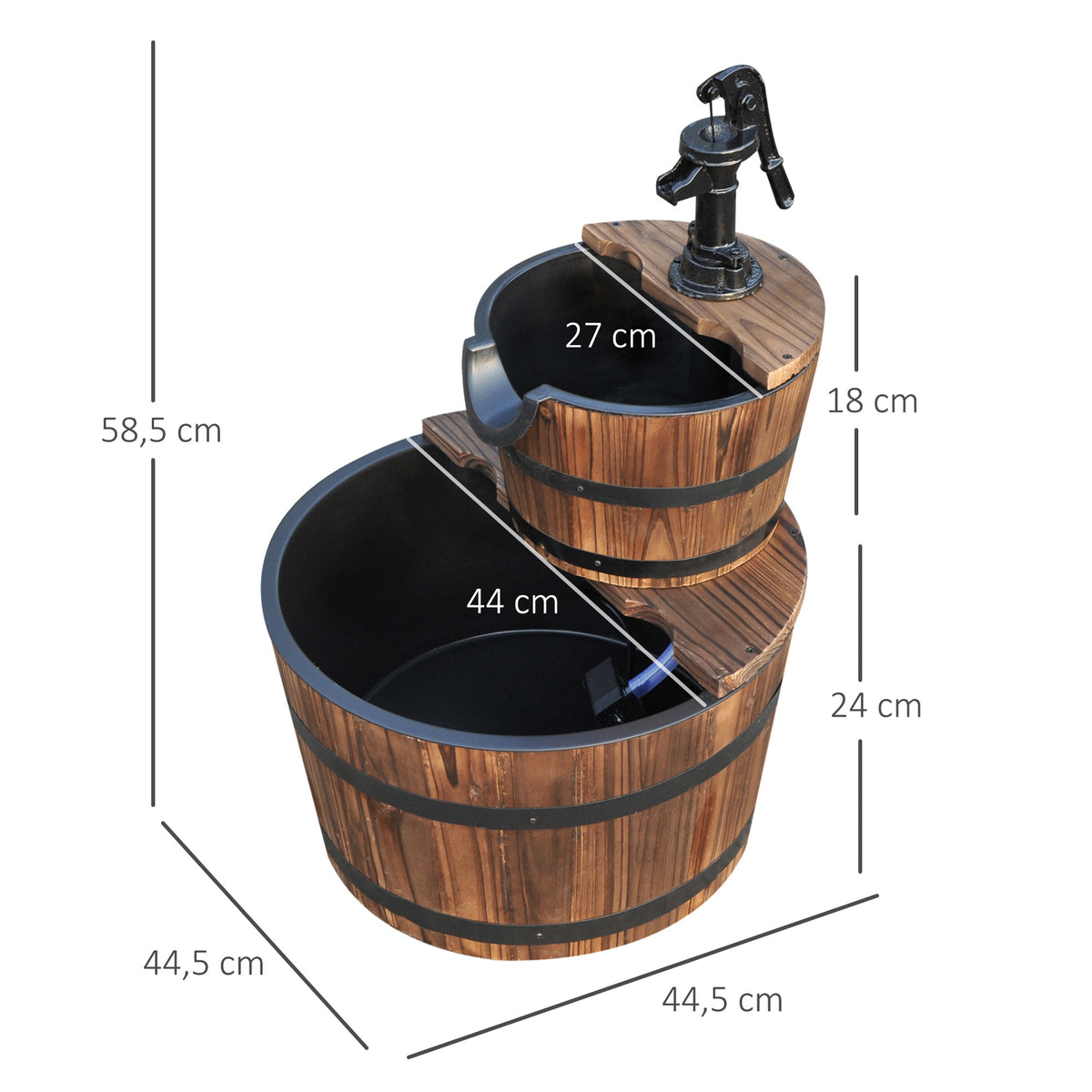 Fonte de Água em Madeira Fonte de Jardim em Cascata de 2 Níveis com Bomba Elétrica e Saída de Água Ajustável para Decoração de Pátio ou Terraço Ø44,5x58,5 cm Madeira — foto 3