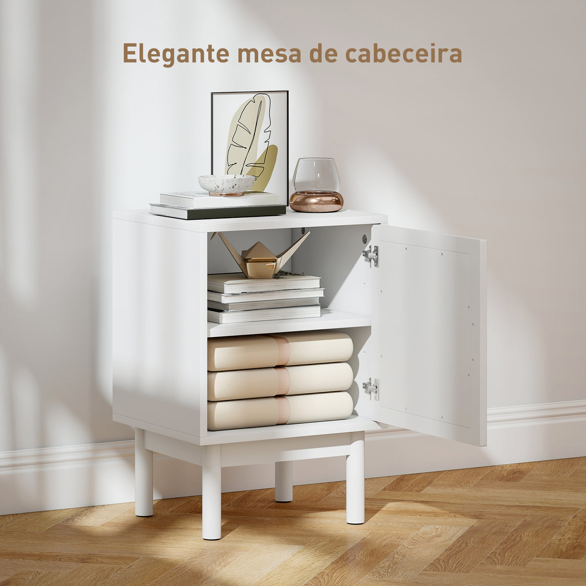 Mesa de Cabeceira Mesa de Cabeceira com Porta de Vime Prateleira Ajustável e Pés de Madeira Estilo Boémio Mesa Auxiliar para Sala de Estar Quarto 40x35x58 cm Branco — foto 4