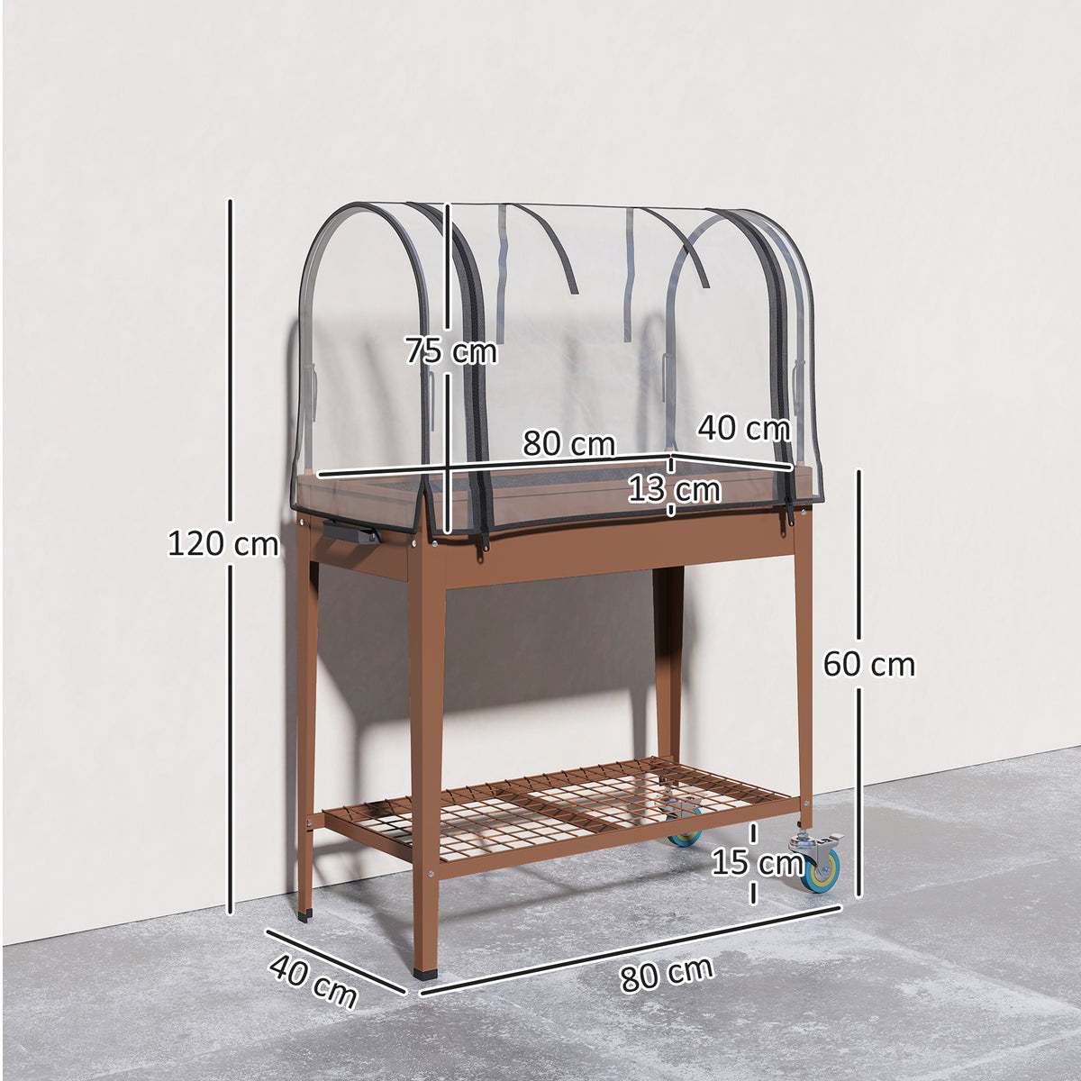 Horta Urbana Elevada com Rodas, Mesa de Cultivo com Cobertura de Estufa e Prateleira Inferior para Cultivo, Plantas, Flores e Vegetais, 80x40x120 cm, Castanho — foto 3