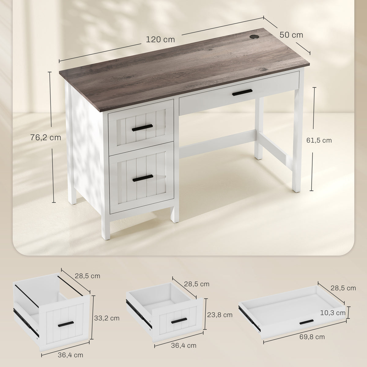 Secretária Rústica 120x50 cm Mesa de Secretária com 3 Gavetas e Bancada com Efeito Madeira Mesa para Computador para Estudo Escritório em Casa Branco — foto 3
