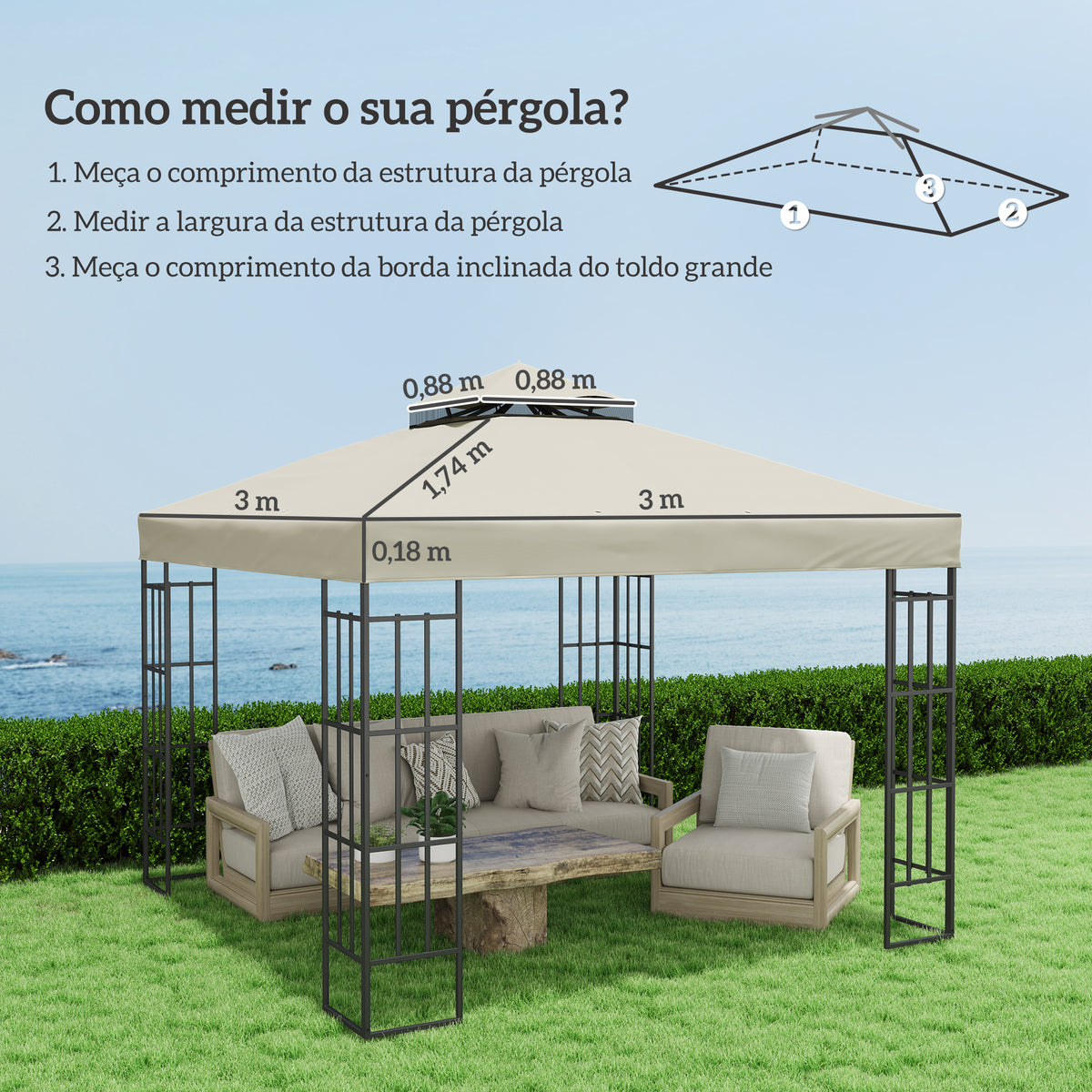 Teto de Substituição para Pérgula, 3x3 m, Cobertura de Substituição com Telhado Duplo, Orifícios de Escoamento e Proteção UPF30+, APENAS Toldo de Substituição para Pavilhão Gazebo, Creme — foto 3