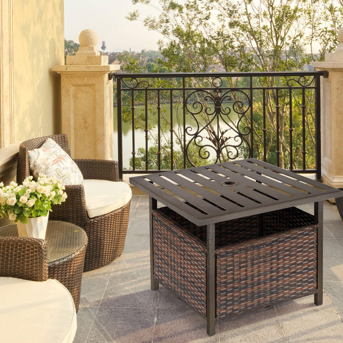 2 em 1 Base para guarda-sol com mesa lateral de vime em aço com para terraçojardim Pátio 55,5x55,5x46 cm marrom — foto 2