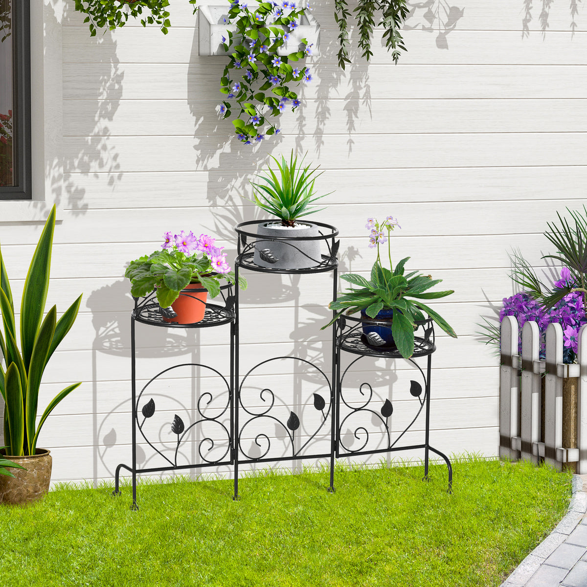 Suporte de Metal para Plantas Suporte Dobrável para Flores com 3 Prateleiras Decoração de Interior Exterior para Jardim Terraço Balcão 74x23x62cm Preto — foto 2