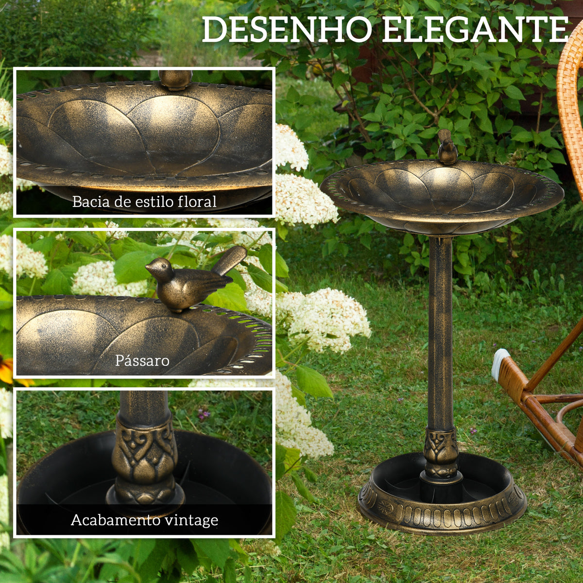Banheira para Pássaros de Jardim Altura 72 cm Comedouro para Pássaros com 2 Níveis Desenho Elegante Banheira para Aves para Exterior Ø50x72 cm Bronze — foto 5
