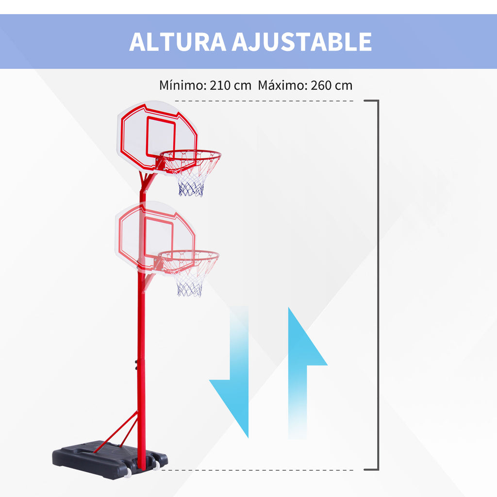 Cesta de basquete com altura ajustável de 210-260 cm com suporte de metal e base recarregável para crianças e adultos vermelho — foto 4