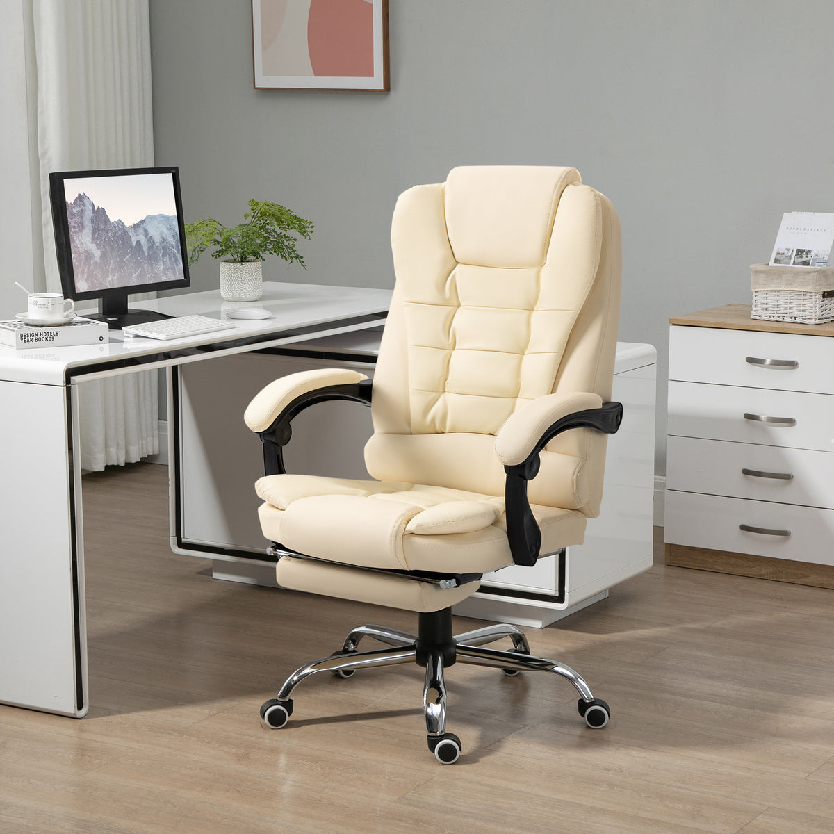 Cadeira de Escritório Reclinável Cadeira de Escritório com Apoio para os Pés Cadeira Executiva Giratória com Altura Ajustável Estofada em PU e Apoio para os Braços 64,5x69x109-117 cm Creme — foto 2