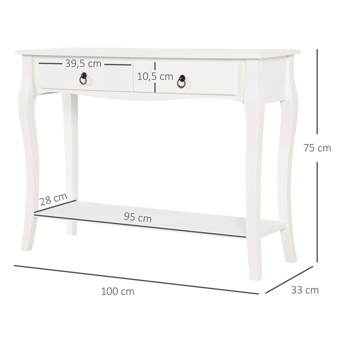 Mesa Tipo Consola para Sala de Estar Consola para Entrada com 2 Gavetas e Prateleira Inferior 100x33x75cm Branco — foto 3