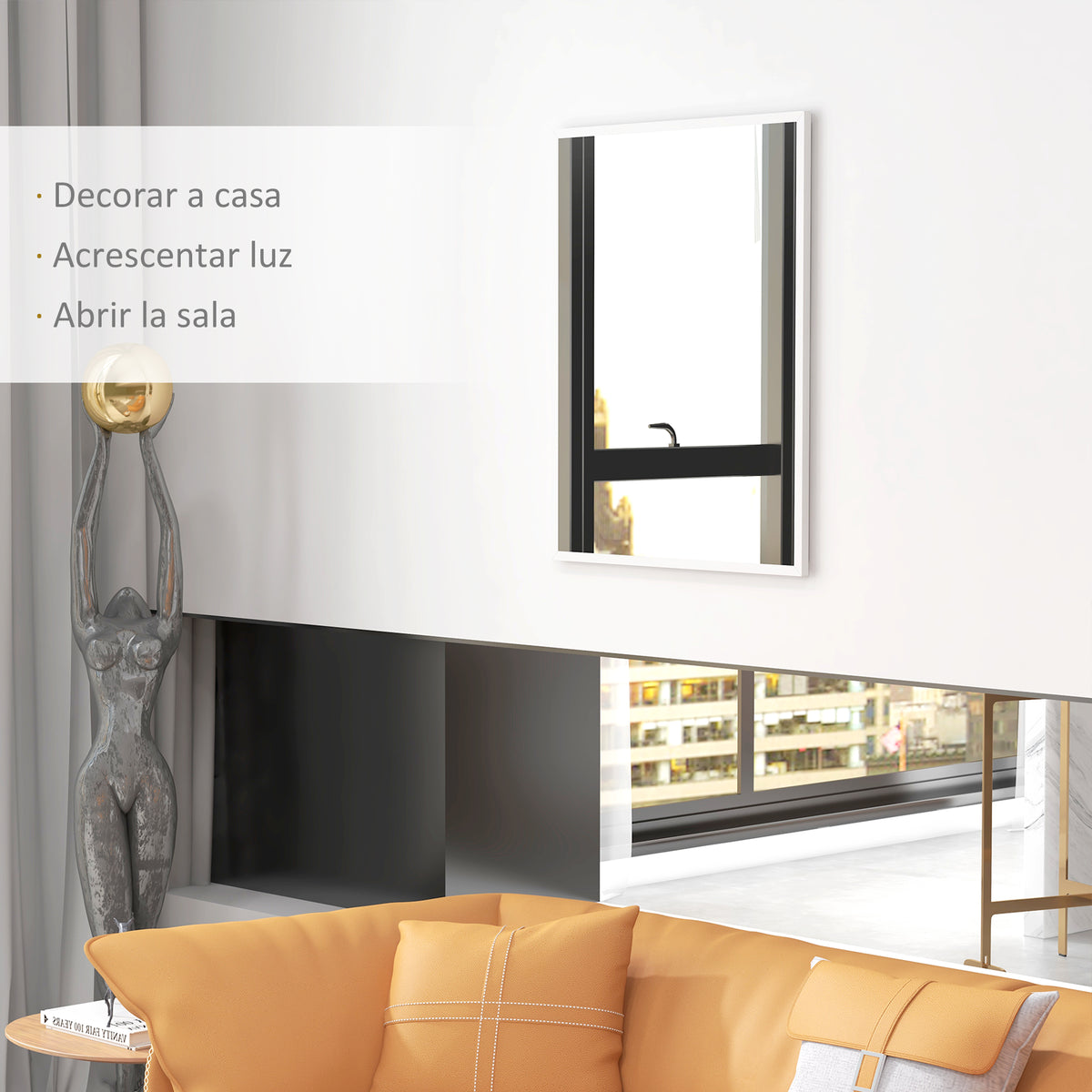 Espelho de Parede Decorativo 70x90 cm Espelho Retangular Espelho de Casa de Banho com 4 Ganchos Metálicos Estilo Moderno para Sala Quarto Entrada Branco — foto 4