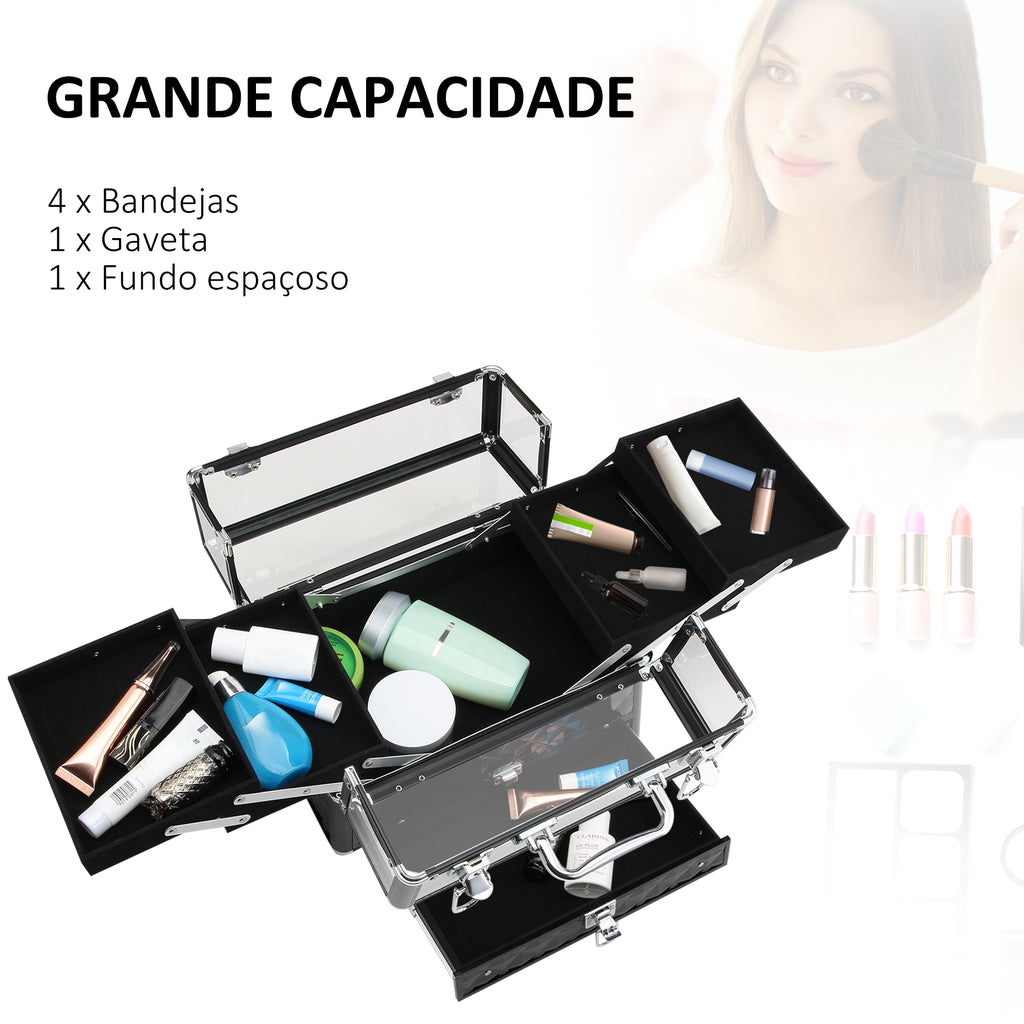 Estojo de Maquilhagem Bijuteria Organizador Cosméticos Portátil Múltiplos Níveis com Pega e Bandejas Desdobráveis Liga de Alumínio 30x18,5x22 cm Transparente e Preto — foto 4