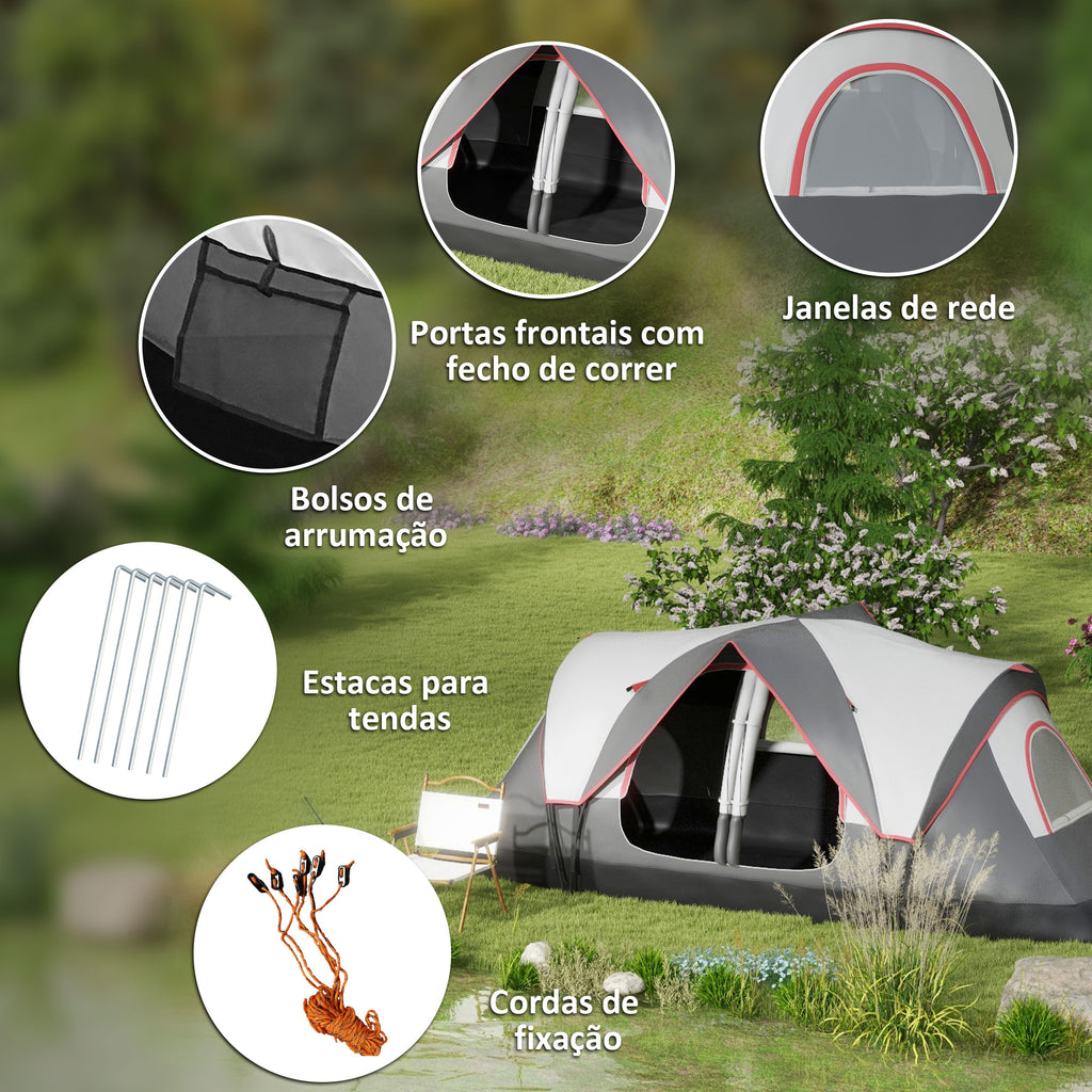 Tenda de Campismo Familiar para 4-5 Pessoas Tenda de Campismo Dobrável com 2 Quartos e Bolsa de Transporte Impermeável para Trekking 450x215x180 cm Cinza — foto 8