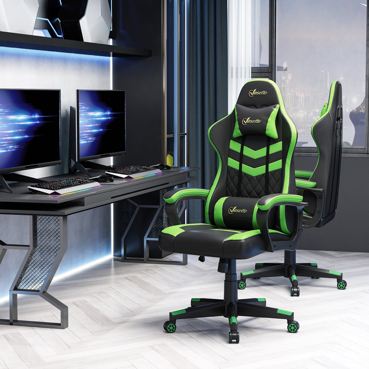 Cadeira Gaming Cadeira de Escritório Ergonómica com Altura Regulável Basculante com Apoio de Cabeça e Almofada Lombar 61x70x121-129 cm Verde — foto 2