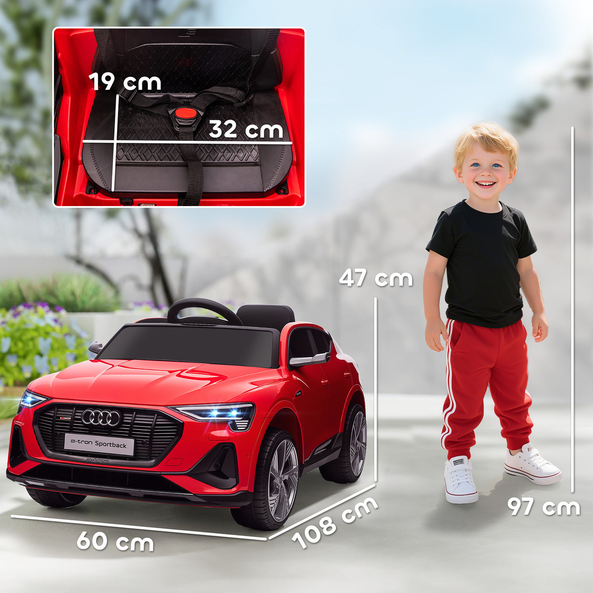 Carro Elétrico Audi E-Tron 12V para Crianças acima de 3 Anos com Controle Remoto Faróis Buzina Música MP3 TF USB e Abertura da Porta 3-8km/h 108x60x47cm Vermelho — foto 3