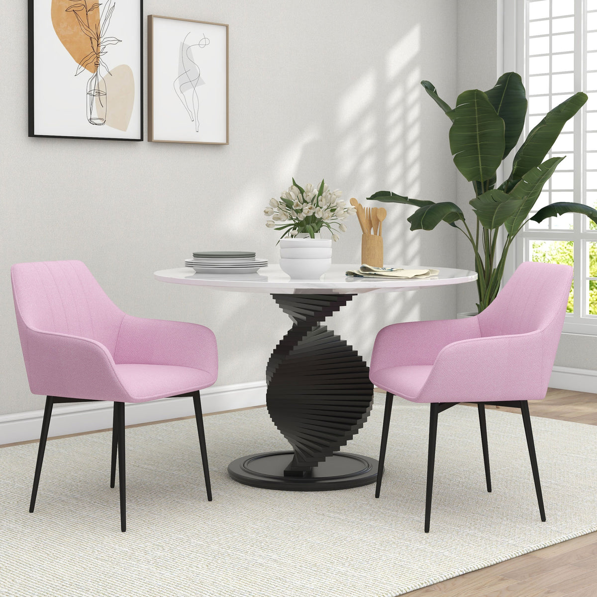 Conjunto de 2 Cadeiras de Sala de Jantar Estofadas em Linho Cadeiras de Cozinha com Encosto Apoio para os Braços e Pés de Metal 59,5x56,5x81 cm Rosa — foto 2