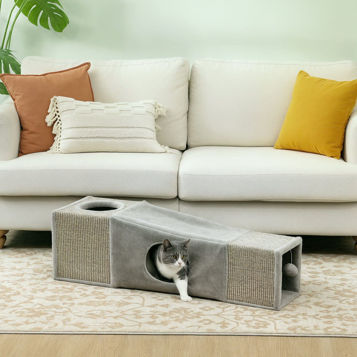 Túnel para Gatos de Interior Encaixável com Múltiplas Entradas, Tocas em Sisal e Bola Suspensa, 98x30x30 cm, Cinzento — imagem 14