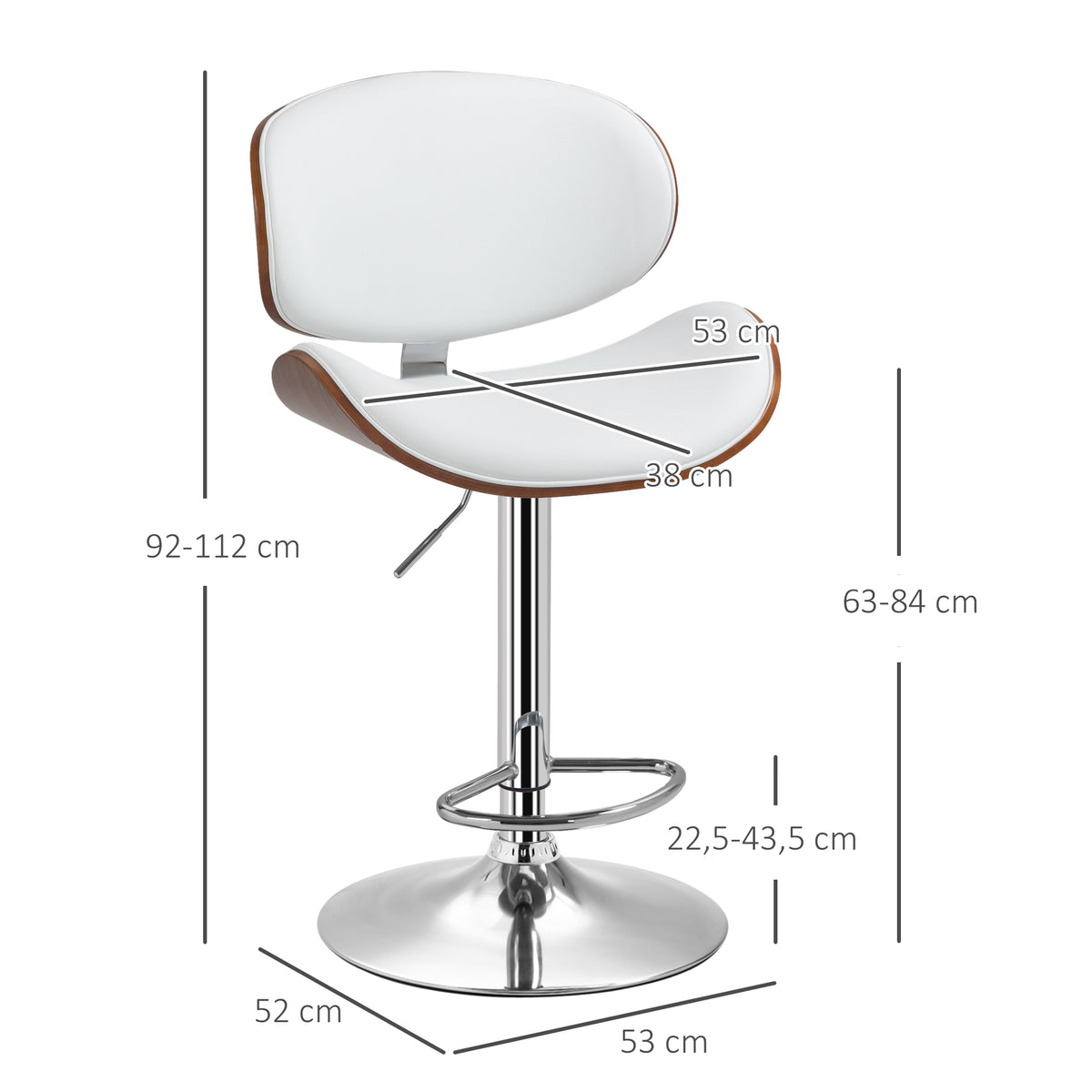 Conjunto de 2 Bancos de Bar Altura Ajustável com Encosto Estofados em Pu 53x52x(92-112) cm Madeira e Branco — foto 2