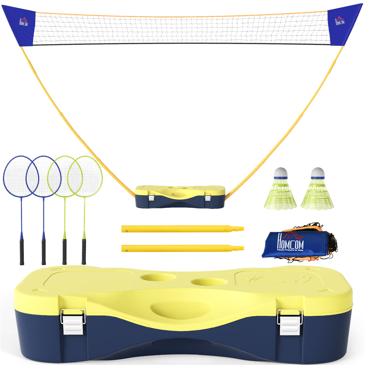 Rede de Badminton Suporte de Rede Portátil Conjunto de Badminton 4 Raquetes Esporte Outdoor 286 x 33 x 157 cm Amarelo+Azul — foto 1