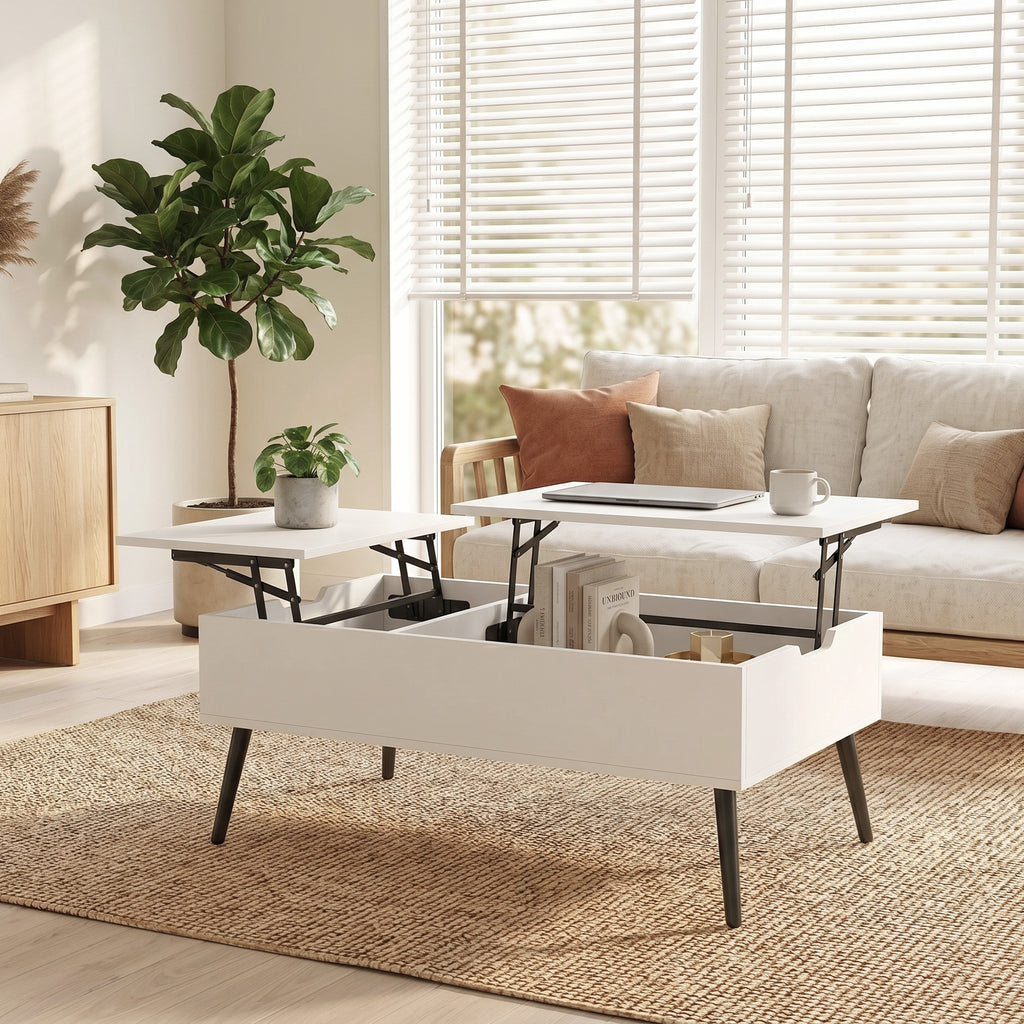Mesa de Centro Elevatória com Tampo Duplo e Compartimento Oculto, Branco para Sala de Estar — imagem 5
