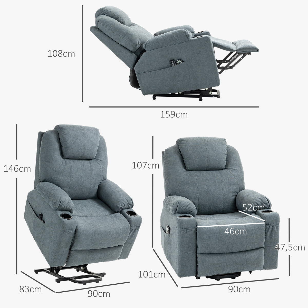 Poltrona de Massagem com Assistente de Levantar Poltrona para Idosos 8 Pontos de Massagem Bolsos Laterais Controle Remoto 90x101x107 cm Cinza — foto 2
