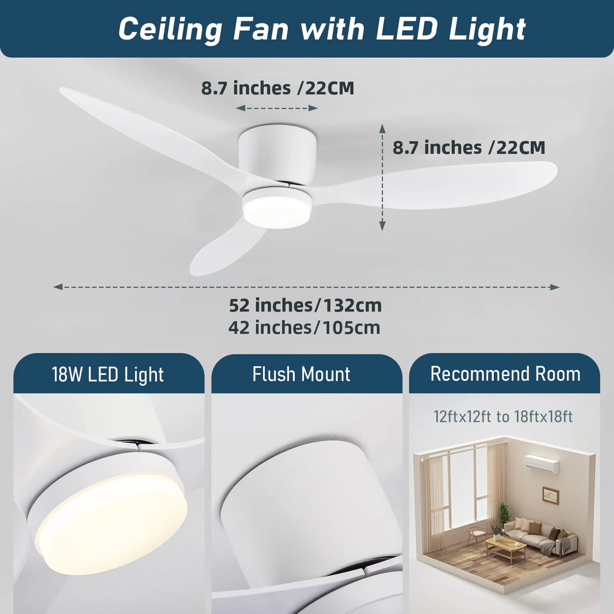 Ventilador de teto com luz LED, ABS preto, 42 polegadas — foto 8